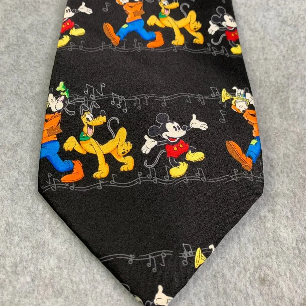 Mickey Mouse Silk Tie Goofy Pluto Black Music Notes Mens